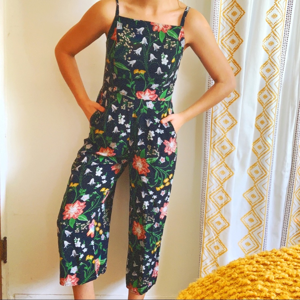 Colorful Floral Greenery Black Jumpsuit